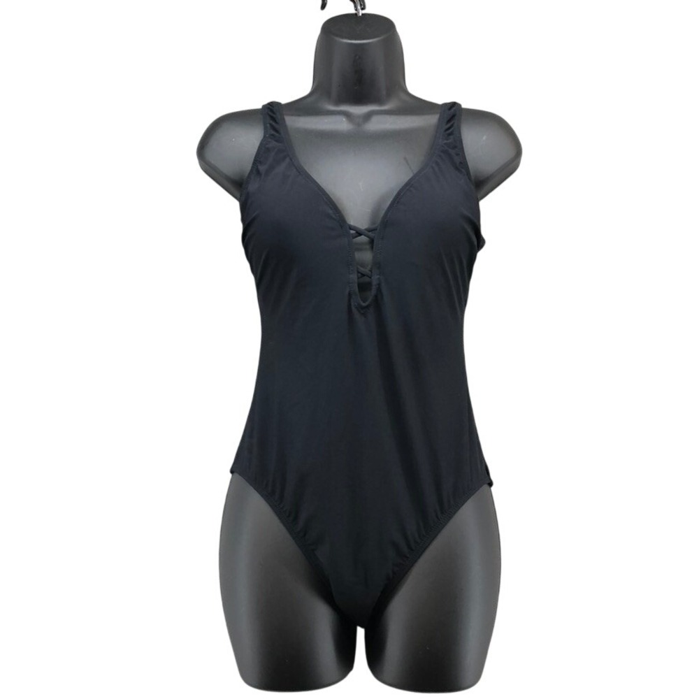 Profile Gottex One Piece Swimsuit Womens 6 Black Macrame V-Neck 831-2074A